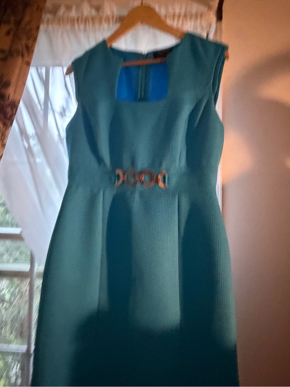 Tahari Teal Sheath Dress with Gold-Tone Waist Accent